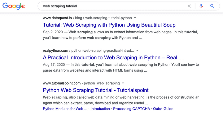Google results for 'web scraping tutorial'
