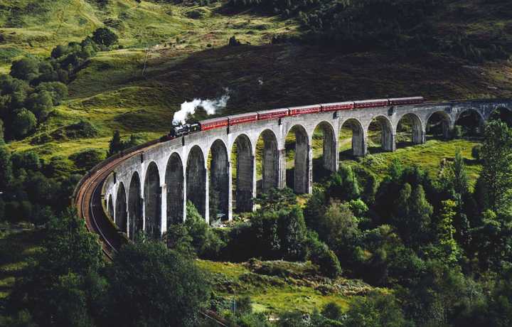 Ancient train on a spectacular bridge